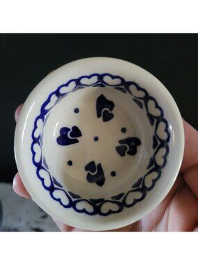 Small Polish Pottery Bowl Blue Heart 2.75" Heart-2-Heart Pattern Boleslawiec